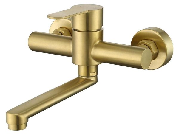 Miscelatore monocomando da montaggio a parete, girevole a 360°, finitura oro spazzolato, 18 cm