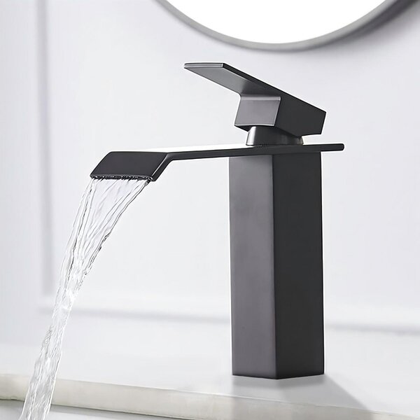 Miscelatore monocomando a cascata per lavabo, in acciaio inossidabile nero, con dettagli in ottone, per acqua calda e fredda