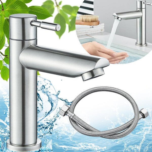 Miscelatore monocomando per lavabo, solo acqua fredda, in acciaio inossidabile, colore argento, con tubo da 60 cm
