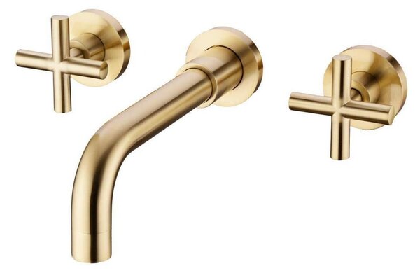 Miscelatore per lavabo da parete, finitura oro spazzolato, due manopole, in ottone
