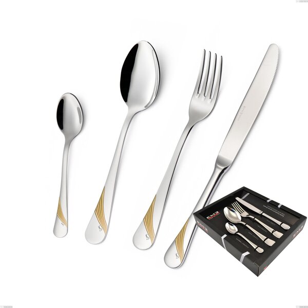 Set Posate MILANO INCISO ORO 24 pezzi in acciaio 18/10 lucidate a specchio spessore 2,5 mm in Confezione Vetrina