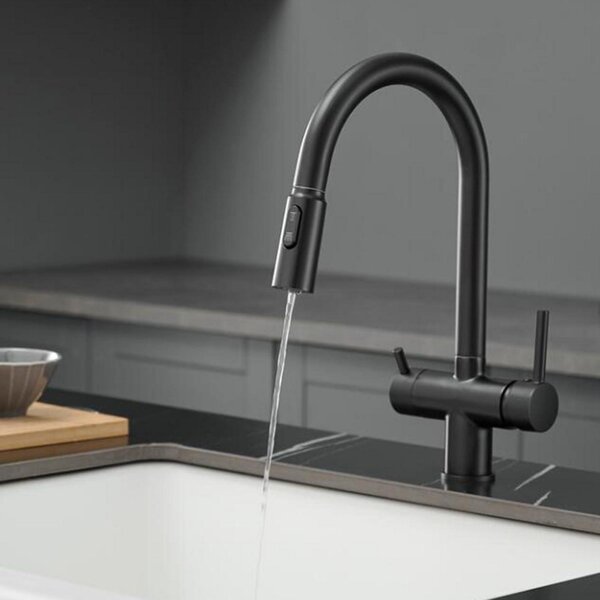 Rubinetto da cucina a 3 vie, estraibile, in ottone, con 2 maniglie, colore nero