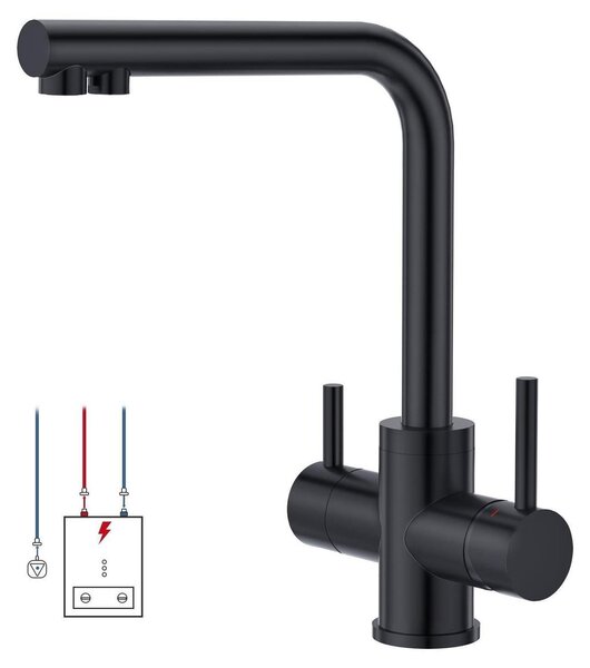 Rubinetto per lavello a bassa pressione, tre vie, colore nero, acciaio inossidabile, girevole a 360°