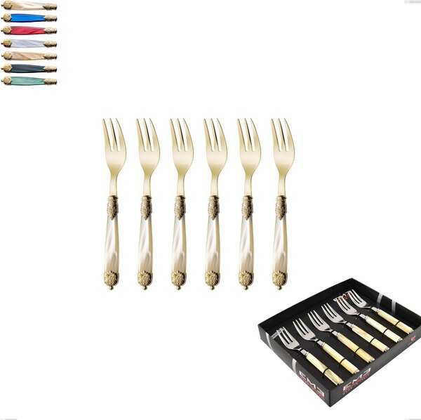 Confezione vetrina 6 pezzi forchette dolce Mirage Perlato Tin gold, acciaio 18.10 con finitura pvd dorata colorato, manici in metacrilato