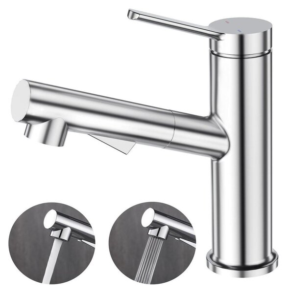 Miscelatore monocomando per lavabo da bagno, estensibile, in acciaio inossidabile SUS304 cromato lucido