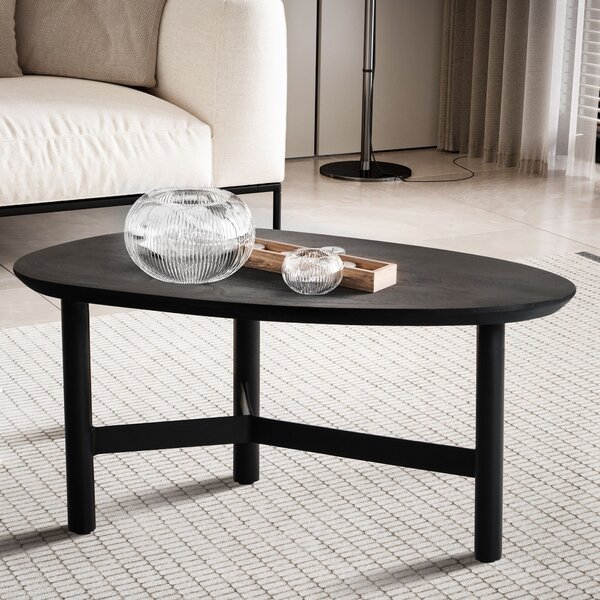 FineBuy Tavolino da salotto 80 cm a forma di rene in legno massello di mango nero · Tavolino da salotto con base metallica a tre gambe · Tavolino moderno in legno massello dal design ovale