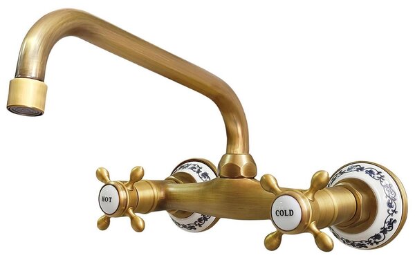 Miscelatore da cucina da montare a parete, in ottone, stile antico/vintage, con bocchetta di 23 cm