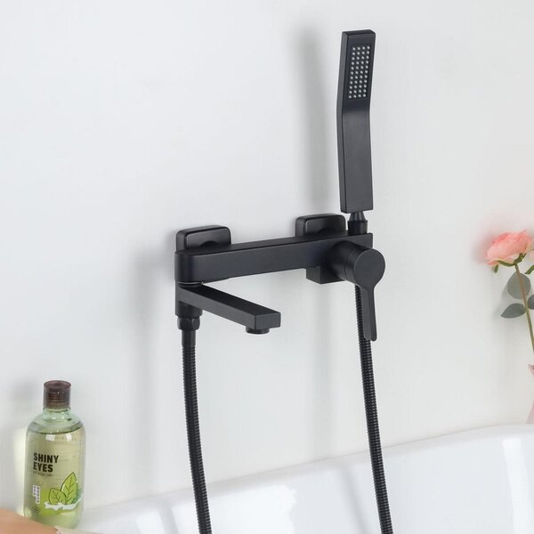 Miscelatore per vasca da bagno da montare a parete, con doccetta manuale, bocchetta girevole a 90°, colore nero