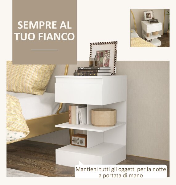 HOMCOM Comodino Moderno in Truciolato e MDF con un Cassetto e 2 Ripiani, 39x39x65 cm, Bianco