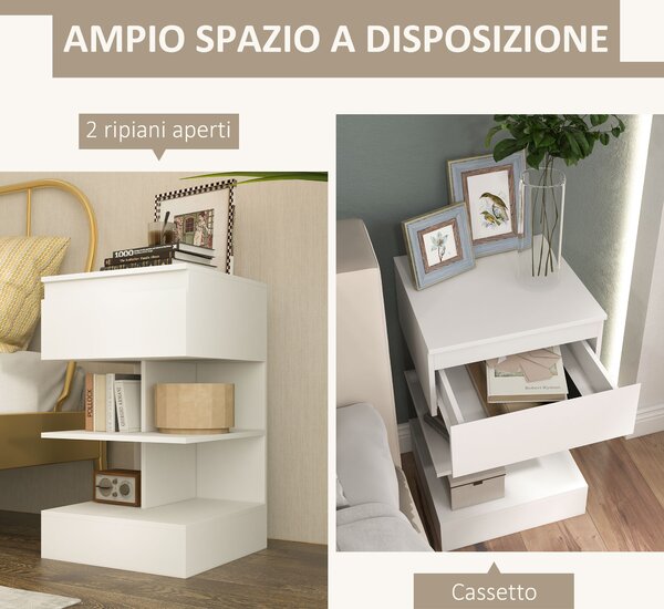 HOMCOM Comodino Moderno in Truciolato e MDF con un Cassetto e 2 Ripiani, 39x39x65 cm, Bianco