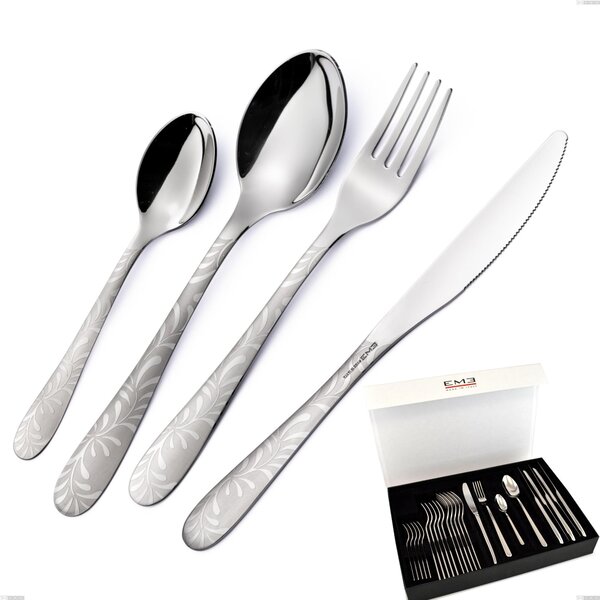 Set di posate 24 pezzi Segno Mediterraneo in confezione panoramica a libro coltello economico, Acciaio 18/10 (aisi 304) incisione laser, spessore 1.8 mm