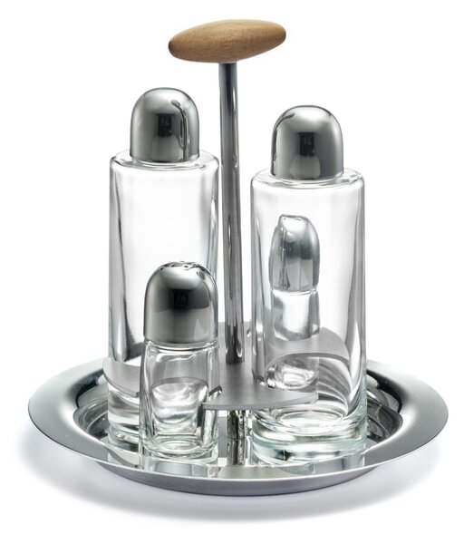 Oliera Base Rotonda Linea Apollo in acciaio lucido con ampolle in vetro e tappo salva goccia manico in legno