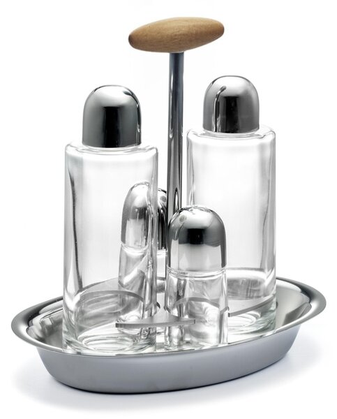 Oliera Base Ovale Linea Apollo in acciaio lucido con ampolle in vetro e tappo salva goccia manico in legno