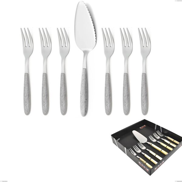 Confezione vetrina 7 pezzi, forchettine pi� paletta dolce vero betulla, acciaio 18.0, manicatura pbt sublimato acciaio lucido
