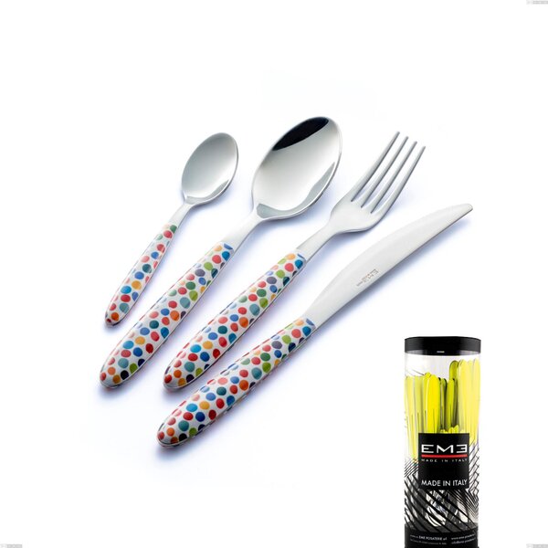 Confezione cilindro 24 pezzi posate vero coriandoli, acciaio 18.0 nickel free, manicatura pbt sublimato acciaio lucido