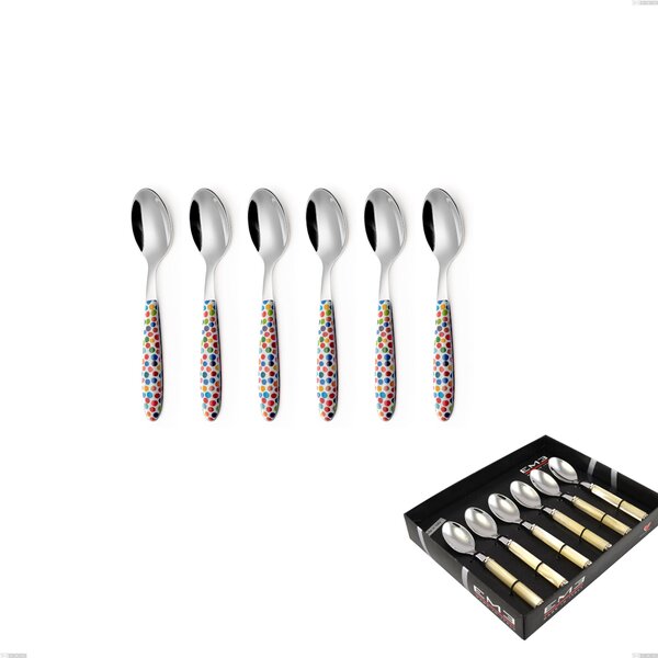 Confezione vetrina 6 pezzi cucchiaino caffe vero coriandoli, acciaio 18.0 nickel free, manicatura pbt sublimato acciaio lucido
