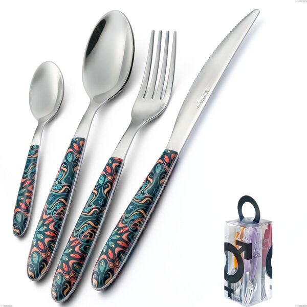 Confezione You&Me 24 pezzi posate vero damasco, acciaio 18.0 nickel free, manicatura pbt sublimato acciaio lucido