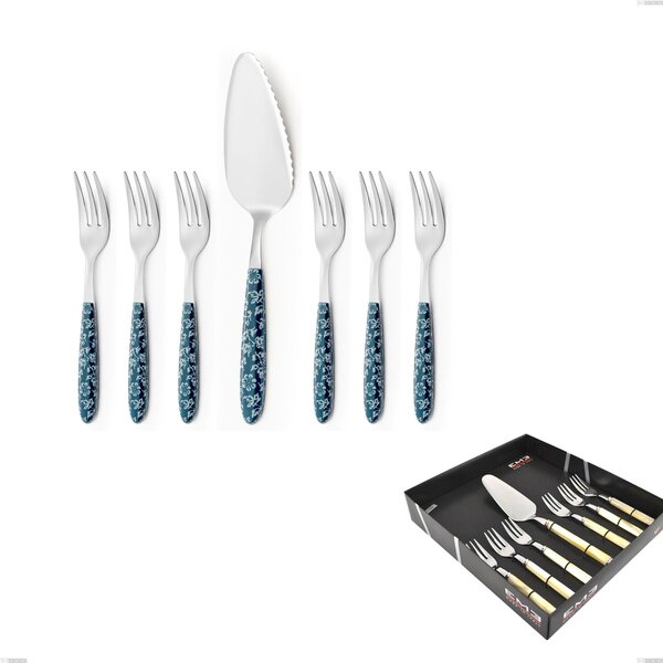 Confezione vetrina 7 pezzi, forchettine pi� paletta dolce vero flowers, acciaio 18.0 nickel free, manicatura pbt sublimato acciaio lucido