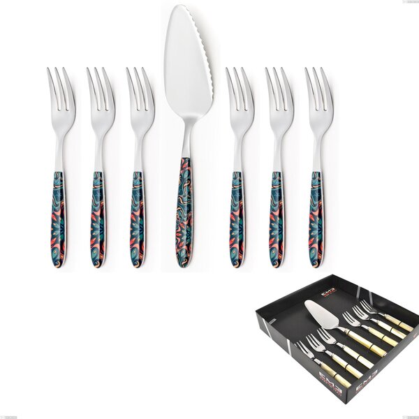 Confezione vetrina 7 pezzi, forchettine pi� paletta dolce vero damasco, acciaio 18.0 nickel free, manicatura pbt sublimato acciaio lucido