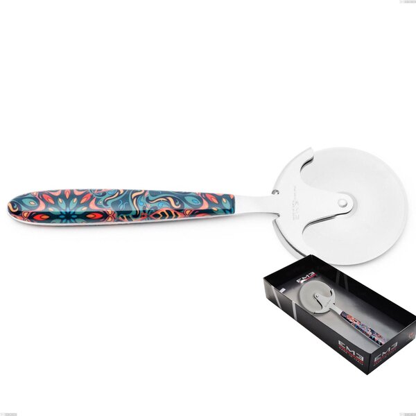 Confezione vetrina rotella tagliapizza vero damasco, acciaio 18.0 nickel free, manicatura pbt sublimato acciaio lucido
