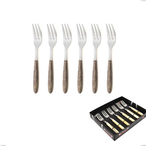 Confezione vetrina 6 pezzi forchette dolce vero larice, acciaio 18.0 nickel free, manicatura pbt sublimato acciaio lucido