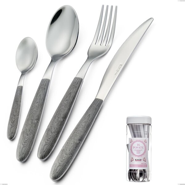 Confezione barattolo francese 16 pezzi posate vero olmo grigio, acciaio 18.0 nickel free, manicatura pbt sublimato acciaio lucido