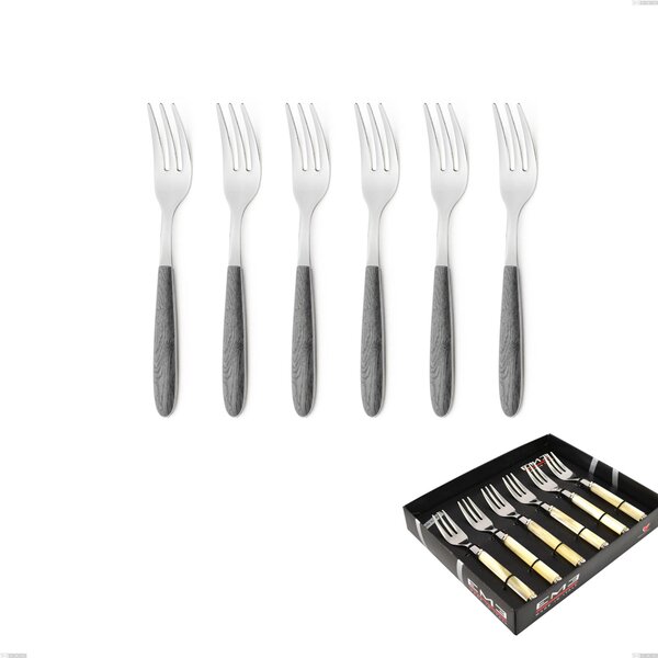 Confezione vetrina 6 pezzi forchette dolce vero olmo grigio, acciaio 18.0 nickel free, manicatura pbt sublimato acciaio lucido