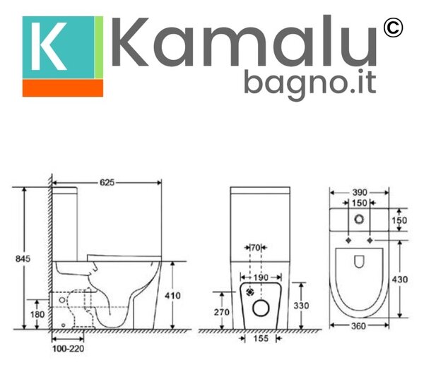 Kamalu wc monoblocco rimless e coprowc soft close | klea-t