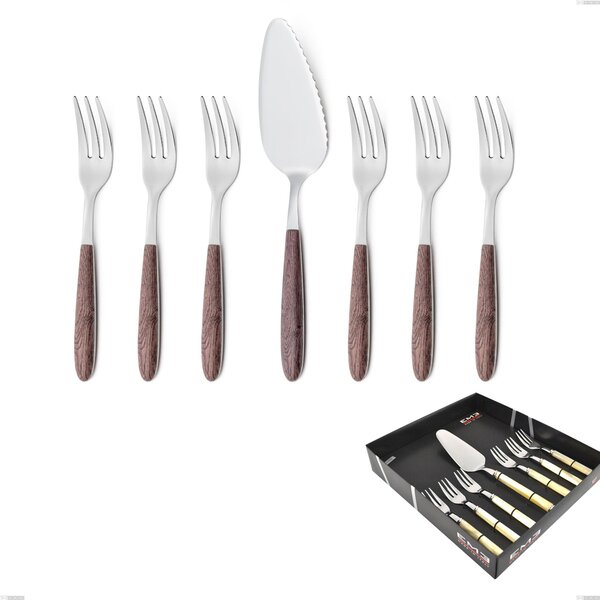 Confezione vetrina 7 pezzi, forchettine pi� paletta dolce vero noce, acciaio 18.0 nickel free, manicatura pbt sublimato acciaio lucido