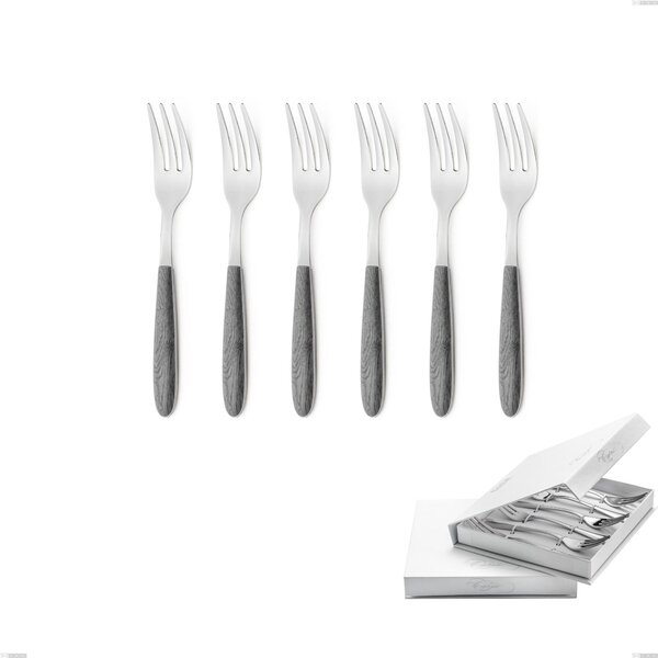 Confezione a libro 6 pezzi forchette dolce vero olmo grigio, acciaio 18.0 nickel free, manicatura pbt sublimato acciaio lucido
