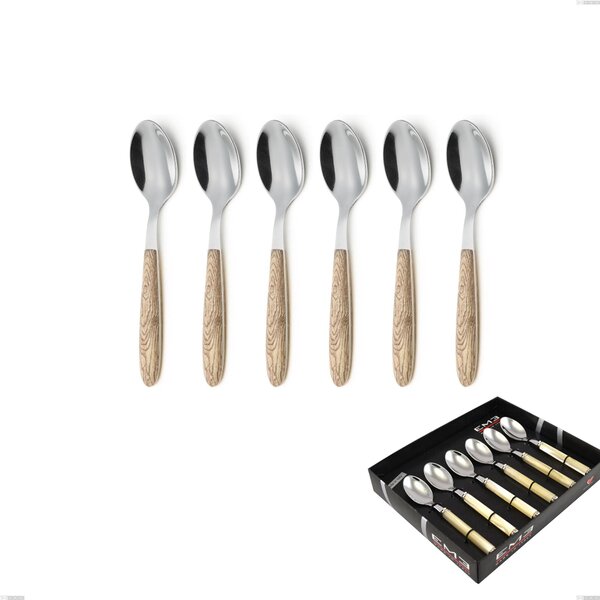 Confezione vetrina 6 pezzi cucchiaino caffe vero pino, acciaio 18.0 nickel free, manicatura pbt sublimato acciaio lucido