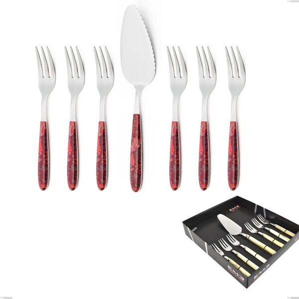 Confezione vetrina 7 pezzi, forchettine pi� paletta dolce vero samarcanda, acciaio 18.0 nickel free, manicatura pbt sublimato acciaio lucido