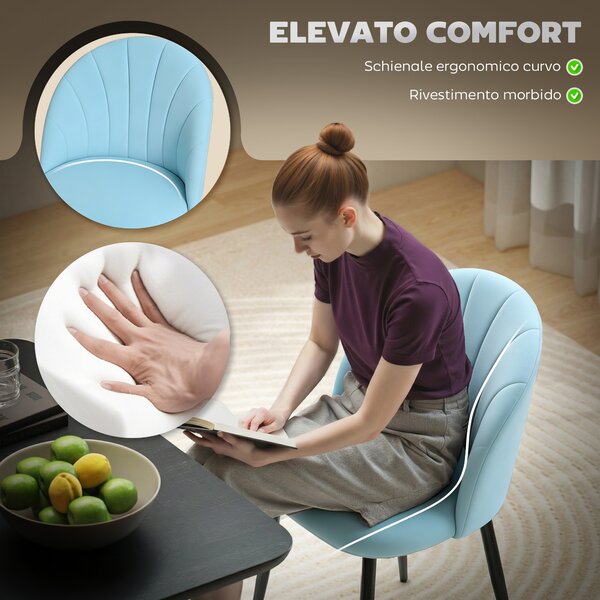 HOMCOM Set 2 Sedie da Pranzo Imbottite con Schienale a Conchiglia in Velluto, 52x55x79 cm, Azzurro | Aosom Italy