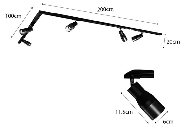 Sistema di illuminazione su binario moderno con 5 faretti in metallo canna di fucile monofase - Iconic Kohua