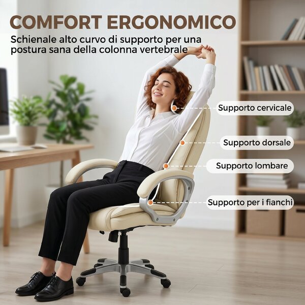 HOMCOM Sedia Ufficio Girevole in Pelle PU, Funzione Dondolo, Schienale Alto, Altezza Regolabile, Capacità 120kg, Nero | Aosom Italy
