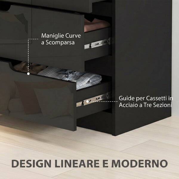 HOMCOM Cassettiera 4 Cassetti Moderna e Minimal in Legno, 60x40x85 cm, Nero Lucido | Aosom Italy
