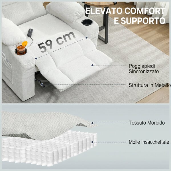HOMCOM Poltrona Relax Elettrica Reclinabile 150° con Poggiapiedi, Funzione Memory, Telecomando, in Velluto, Crema | Aosom Italy