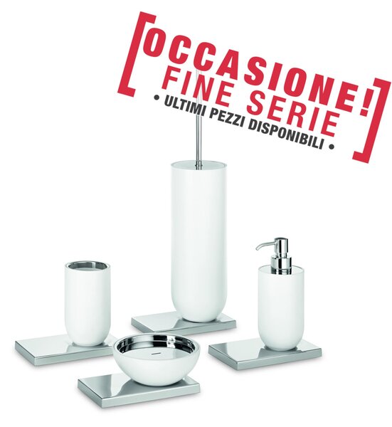 Set 4 pezzi Porta scopino, dispenser, portasapone , bicchiere con base VOID colore cromo , e bianco opaco 4 pezzi ne paghi 1