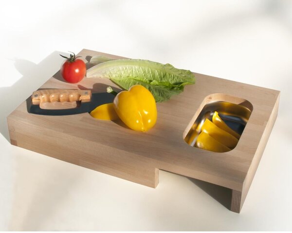 Tagliere in legno massello di faggio 35x55xh7 cm con vaschetta in acciaio inox
