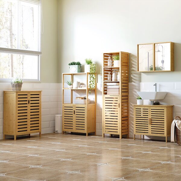 Kleankin Mobile Bagno Moderno a 2 Ante con 2 Ripiani Ventilati in Bambù, 68x32x86 cm, color Legno|Aosom