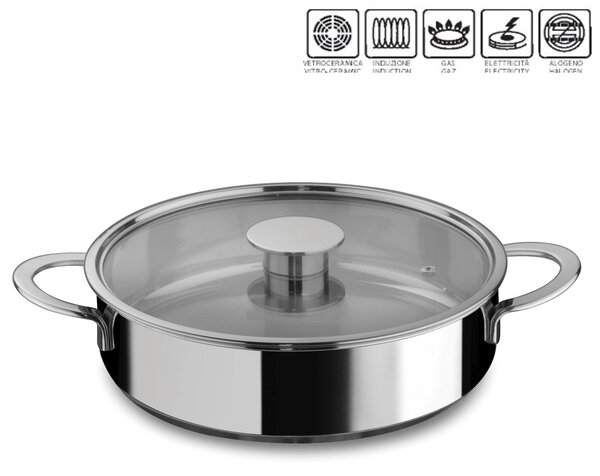 Tegame 2 manici 26 cm acciaio inox 18/10 con coperchio in vetro pyrex linea Gourmet Mepra, per piano elettrico, induzione, gas, alogeno, vetroceramica , forno