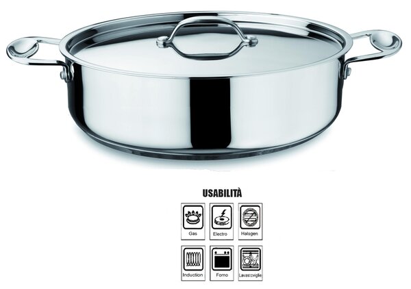 Casseruola Ovale GLAMOUR DIAMOND diametro 28 cm due manici con coperchio per induzione in acciaio 18.10 Lucido