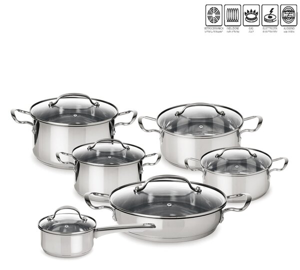 Batteria di pentole 12 pezzi con coperchi in vetro pyrex linea Sintesi Mepra, acciaio inox 18.10 adatte per piano elettrico, induzione, gas, alogeno, vetroceramica , forno