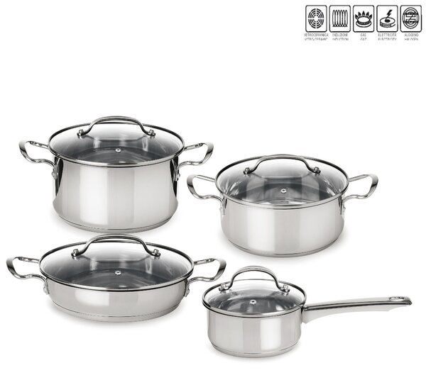 Batteria di pentole 8 pezzi con coperchi in vetro pyrex linea Sintesi Mepra, acciaio inox 18.10 adatte per piano elettrico, induzione, gas, alogeno, vetroceramica , forno
