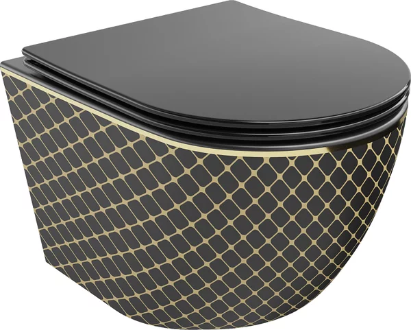 Mexen Lena tazza wc Rimless con sedile a chiusura rallentata slim, duroplast, nero opaco/motivo a griglia oro - 30224079