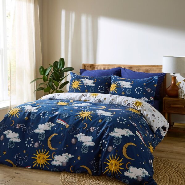 Set copripiumino e federa bianco e blu in cotone per letto singolo 135x200 cm Disco Space – Their Nibs