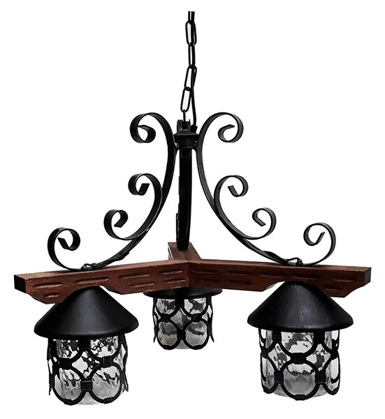 Lampadario in legno e ferro Battuto 3 Lampade 57xh52 cm da appendere con catena