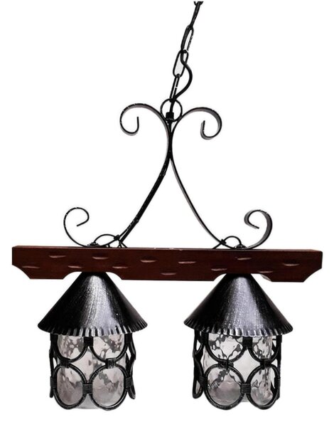 Lampadario in legno e ferro Battuto 2 Lampade 51xh52 cm da appendere con catena