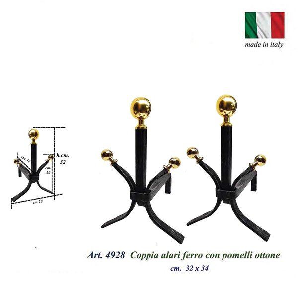 Alari per camino STELLA , coppia in ferro battuto e Ottone 32x h34 cm lavorazione artigianale in ottone pieno stile classico