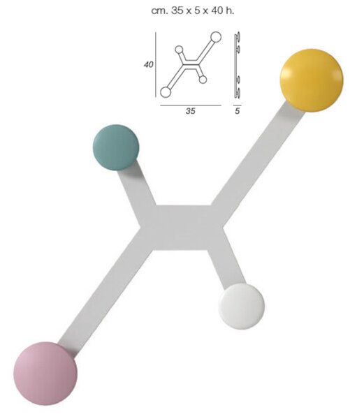 Appendino da parete Spyder struttura in metallo a X dotata di 4 pomelli 35x5xh40 cm in struttura laccata bianco pomelli colorati